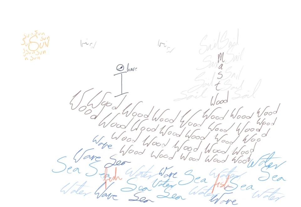 A hand-drawn Hangman figure surrounded by families of words that can shift as the game proceeds.